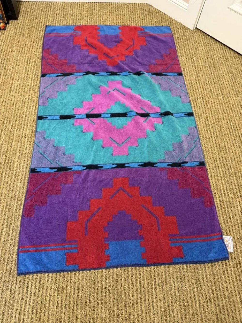 Pair Of Vintage Royal Terry Beach Towels Green Geometric Tropical